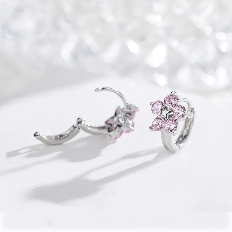 Милые серьги-кольца с пятиконечными Розовыми Фианитами маленькие круглые петли