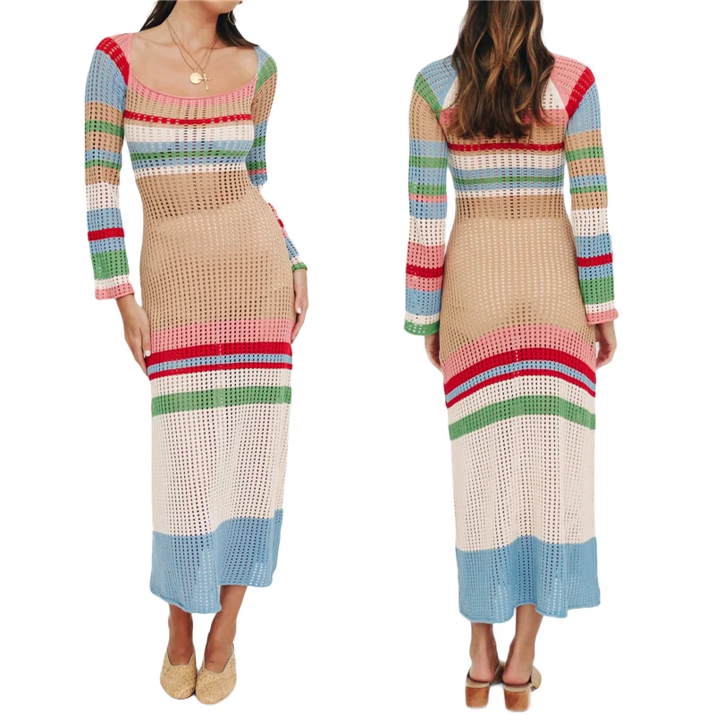 

Women Knitting Dress Long Sleeve See-Through Mesh Loose Striped Slimming Fall Summer Midi Dress