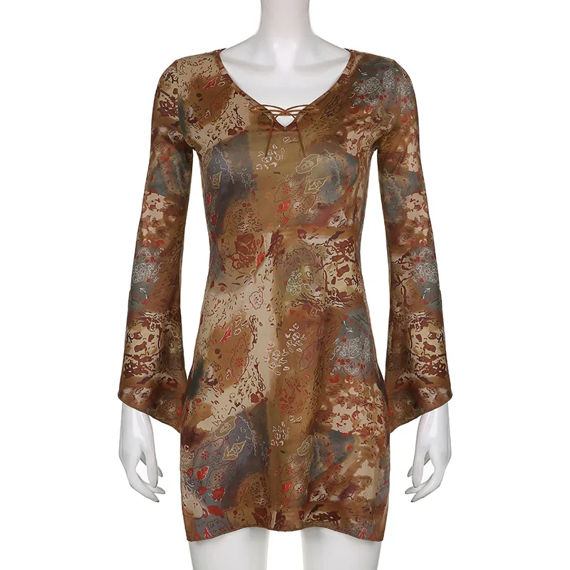 Auyiufar Floral Pattern Fairy Grunge Mini Dress Retro Lace Up Flare Sleeve A Line Dresses V Neck Goblincore Split Women Outfits