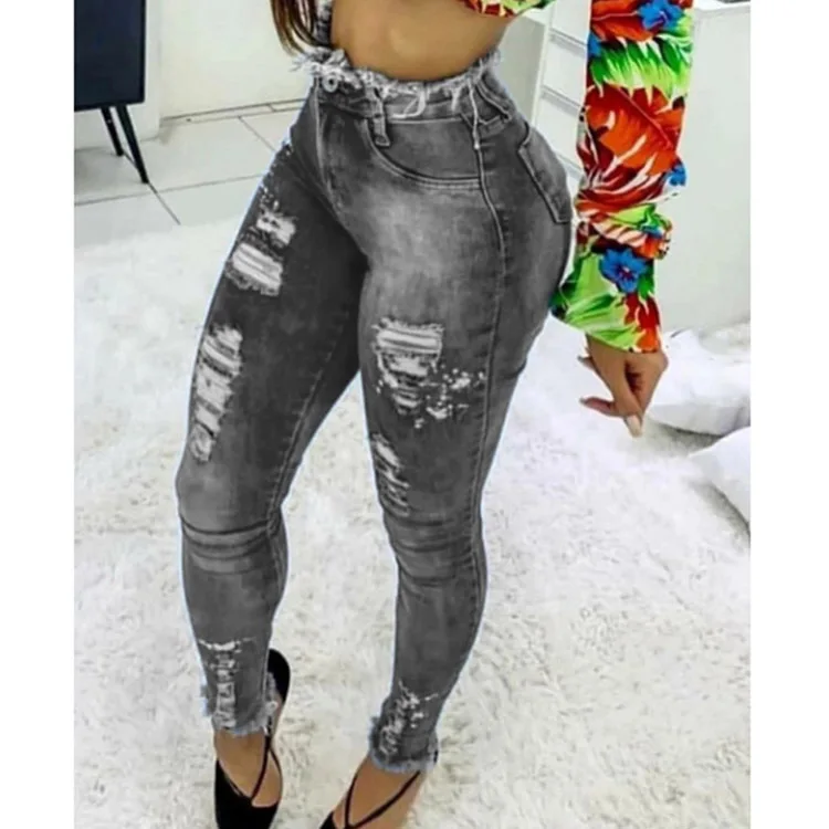 

Summer women's jeans blue dark washed frayed high waist temperament commuting ordinary cotton women's clothing