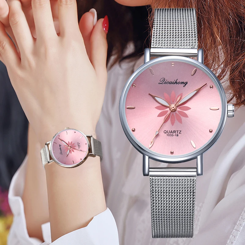 

Женские наручные часы, роскошные Серебристые Популярные розовые часы с металлическим браслетом и цветами, кварцевые часы, модные наручные ...