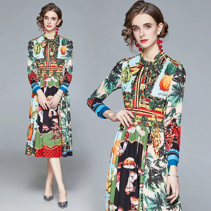 

2021 Spring Runway Women Vintage Retro Print Dresses Casual Clothing Mid-Calf Bow Tie Collar Long Sleeve Elastic Waist Dress