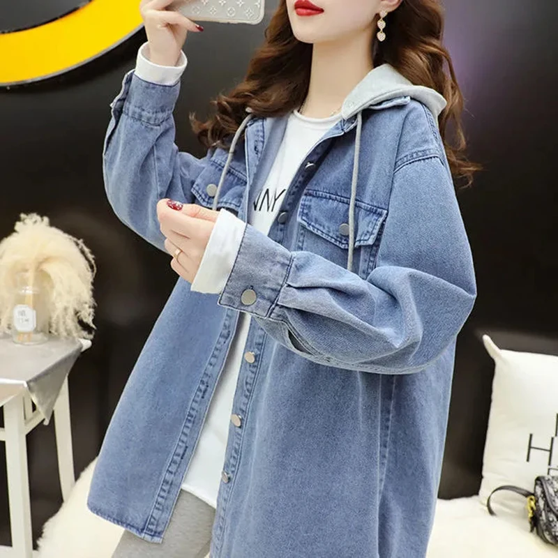 Джинсовая куртка женская с капюшоном Повседневная Верхняя одежда свободного