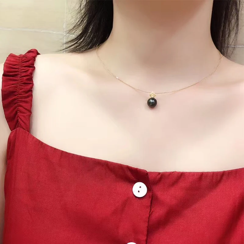 

KUGG 18k Yellow Gold Natural Tahiti Black Pearl Necklace Women Elegant Crown Pendant Necklace Fashion Handmade Torques Necklace