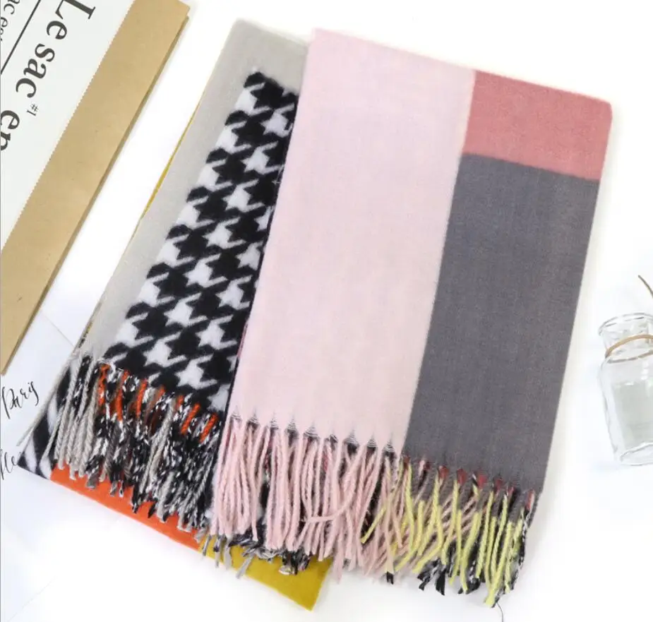 Зимний шарф в стиле пэчворк с узором гусиные лапки женские кашемировые теплые