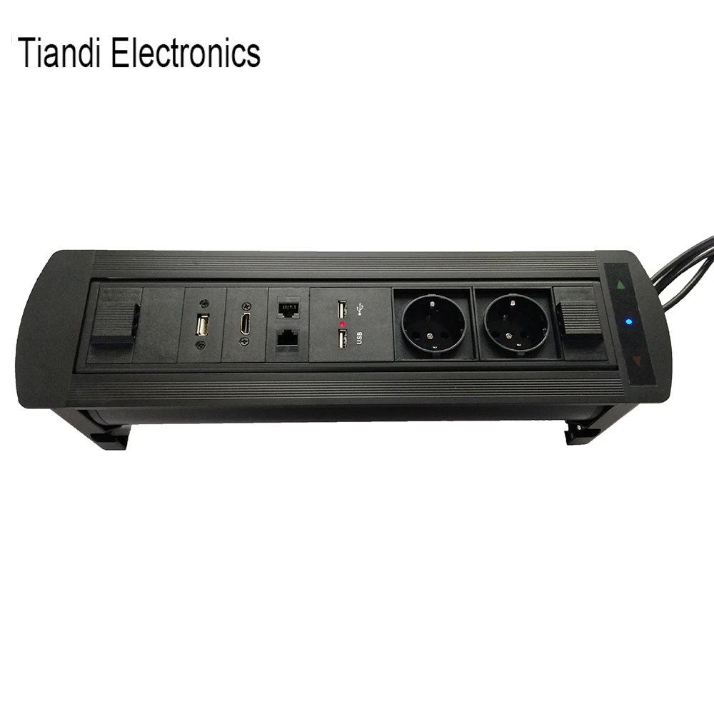 

Electric Rotary Black Round Edge Tabletop Socket 2-bit EU Standard Jack Power Outlet + USB Charging And Data HDMI RJ45 Interface
