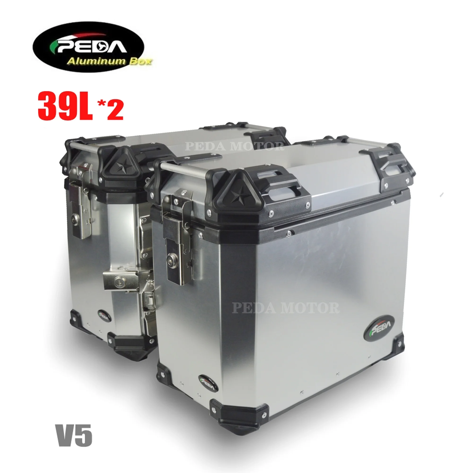 

V5-4b Motorcycle Aluminum Box with LED Winker 39L Top Case 2PCS Side Panniers Scooter Rear Trunk PEDA Motor