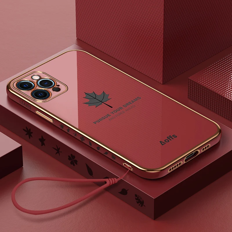 

Phone Case For iPhone 11 12 13 X XS XR 6 6S Mini 7 8 Plus Pro Max SE 2020 Luxury Anti Fall Liquid Silicon Maple Leaf Back Cover