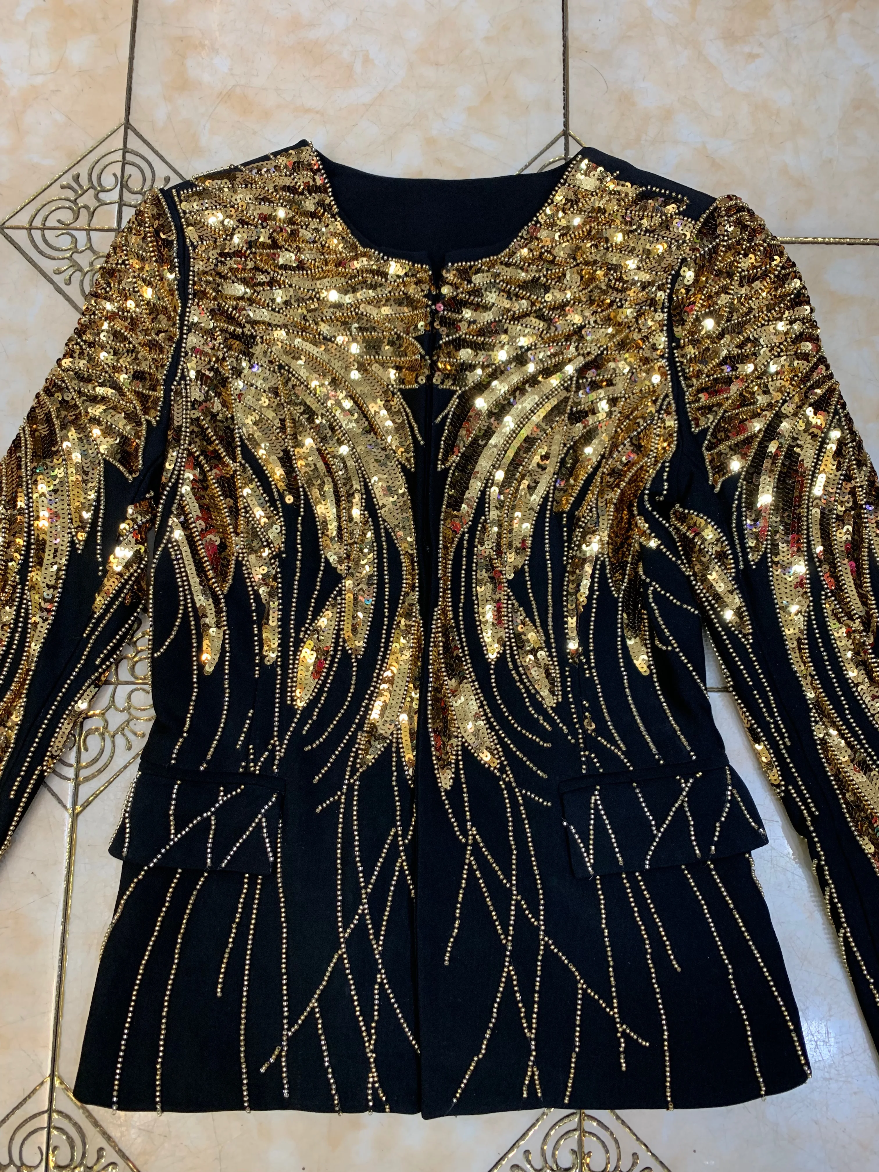 

2021 New Women Black Gold Sequined 2 Two Piece O Neck Long Sleeve Vestidos Celebrity Evening Party Bandage Dress Wholesale