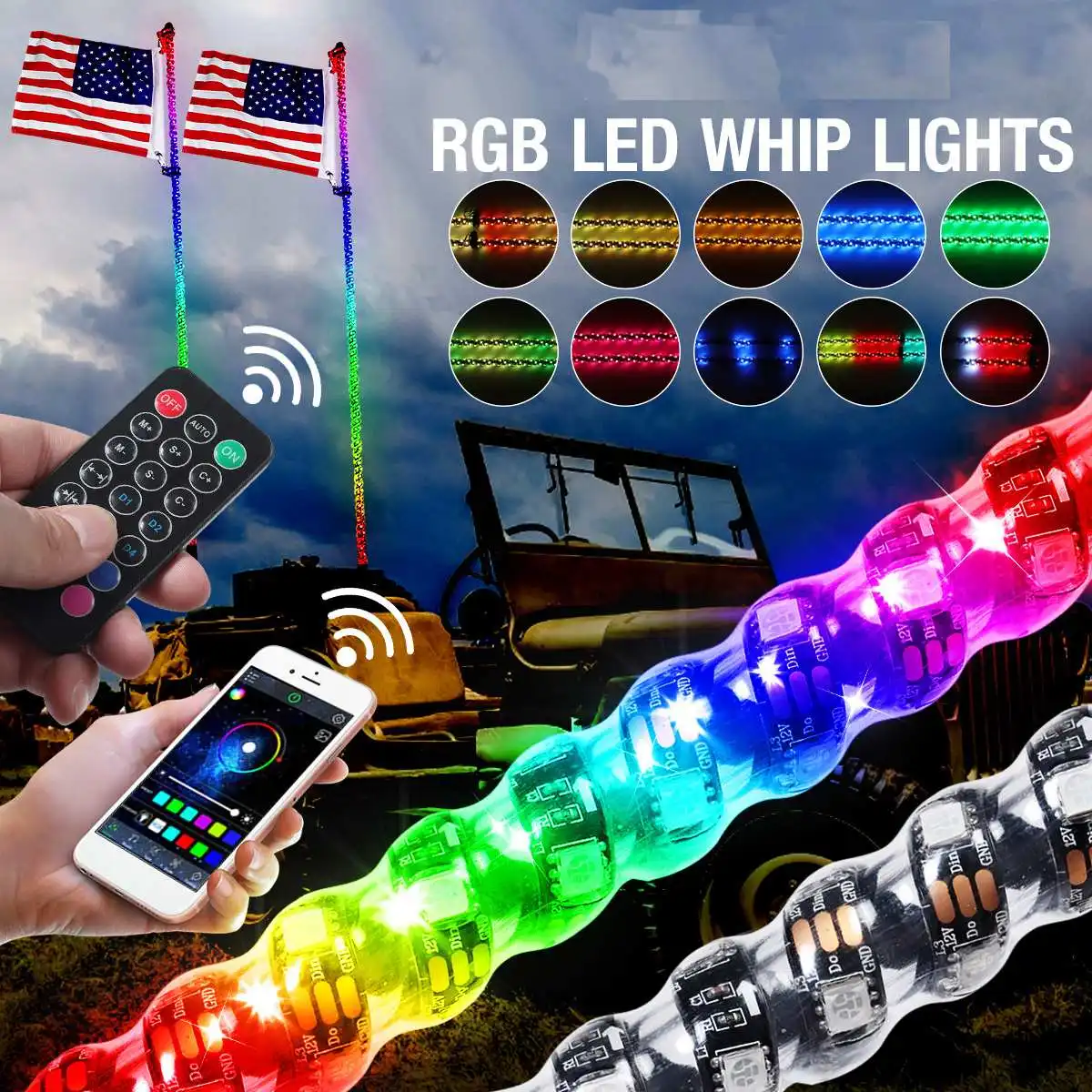

3/4/5FT RGB Waterproof Bendable Wireless Remote Control Super Bright LED Flagpole Lamp Light Max 133W DC12V+America Flag