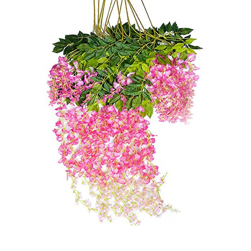 

12 Piece 3.6 Feet Artificial Silk Vine Ratta Hanging Flower For Home Garden Wedding Party Hanging Plant Wall Decoration Pink