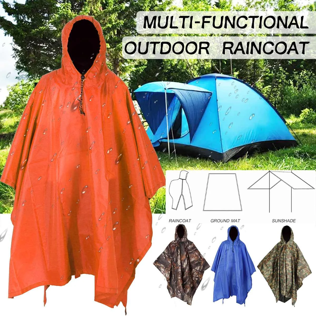 3 in 1 Ultralight Outdoor Hiking Camping Raincoat Poncho Picnic Mat Awning Tents Mini Tarp Sun Shelter 210T | Спорт и развлечения