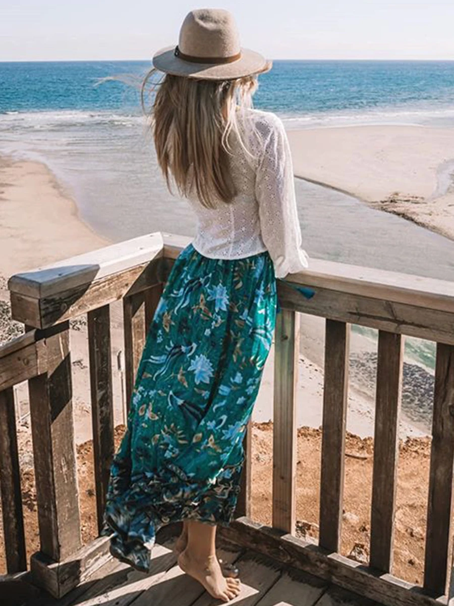Boho шикарная пляжная юбка винтажный принт женские юбки хиппи гофрированная