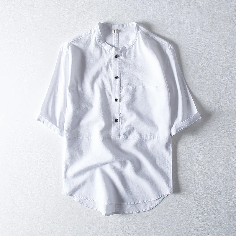 

1903 Men T-Shirt Unique Design Smart Casual Stand-Up Collar Patchwork Loose Solid Color Linen Short Sleeve Button Pocket Tees