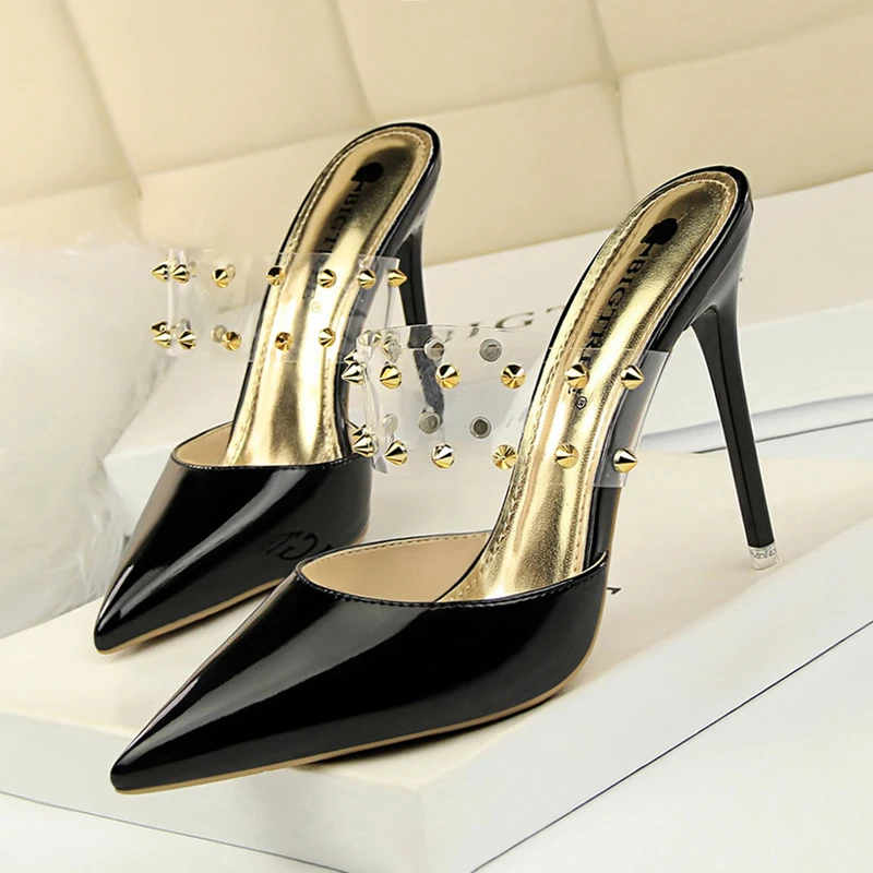 European and American style fashion female half-drag high-heeled shallow mouth hollow transparent word with metal rivet slippers | Обувь