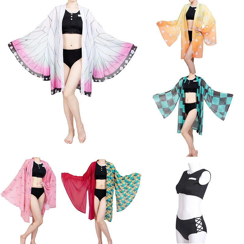 

Demon Slayer Agatsuma Tanjirou Kochou Shinobu Splitted Swimsuit Swimwear Bathing Suit with Strapped Butterfly-Printed Yarn Coat