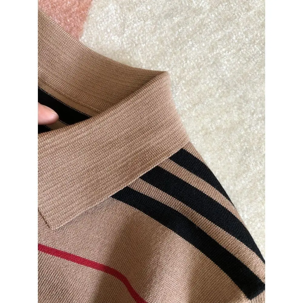 

2021 spring and summer new European and American striped mid-length ice silk sweater contrast striped dress women
