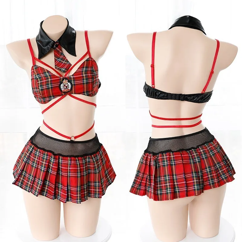 

Kawaii School Girl Cosplay Uniform Sexy Japanese Students Costume Plaid Mini Skirt Cross Straps Bra Sweet Erotic Lingerie Set