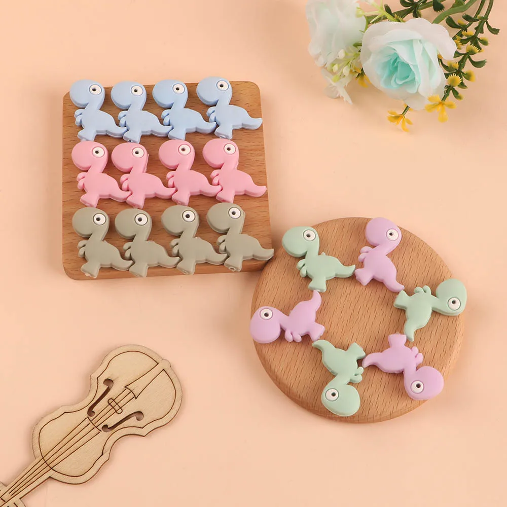 Kovict-Mini cuentas de silicona con forma de dinosaurio para beb&eacute;, mordedor Molar, cadena de chupete, accesorios de joyer&iacute;a, 10 piezas-2