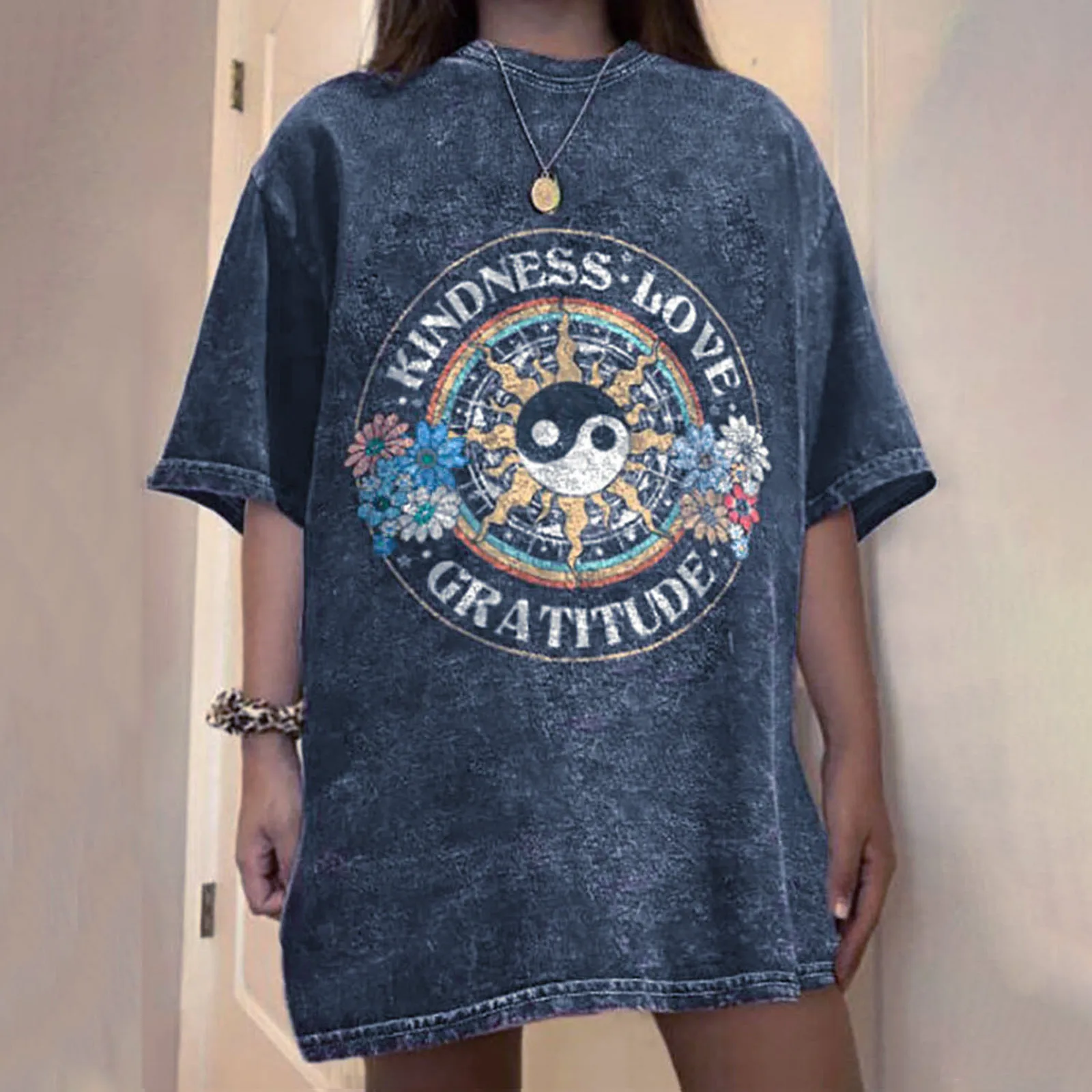 

SAGACE Regular Fashion Personality Street Retro Print Short Sleeve Loose Polyester Blouse Women Оверсайз футболка2021
