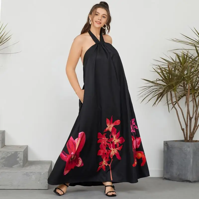 

2021 Sexy Halter Long Sundress Celmia Summer Women Floral Printed Backless Maxi Dress Casual Loose Ruffles Vestido Plus Size 5XL