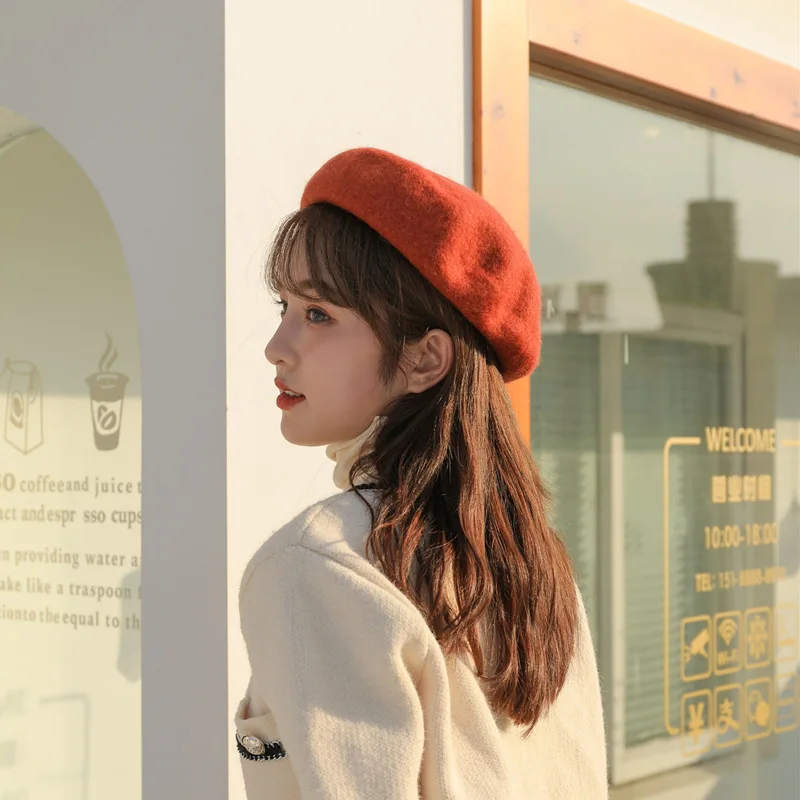 2021 зимние Дешевые однотонные береты из 100% шерсти женская шапочка женские шапки