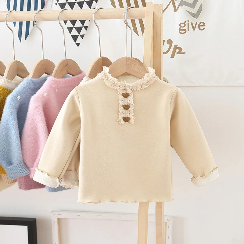 Beige Зимняя детская футболка принцессы для маленьких девочек, коллекция года, осенняя Вельветовая Базовая футболка с длинными рукавами и кружевными пуговицами топы, S10021 - Цвет: Beige