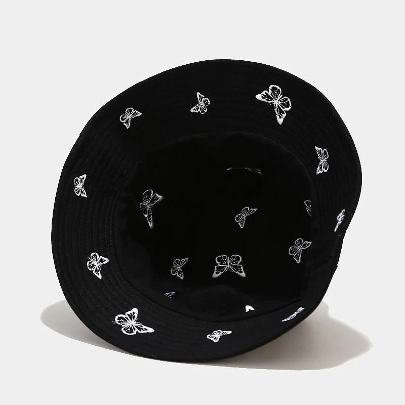 

White Butterfly Embroidery Panama Caps Women Casual Outdoor Reversible Bucket Hat Men Summer Sun Hats Bone Foldable Gorras Cap
