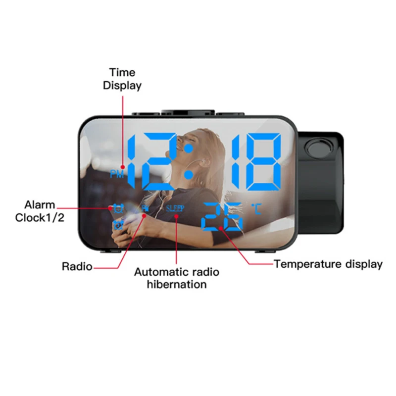 

LED Digital Alarm Clock Watch Table Electronic Desktop Clocks USB Wake Up FM Radio Time Projector Snooze Function 2 Alarm
