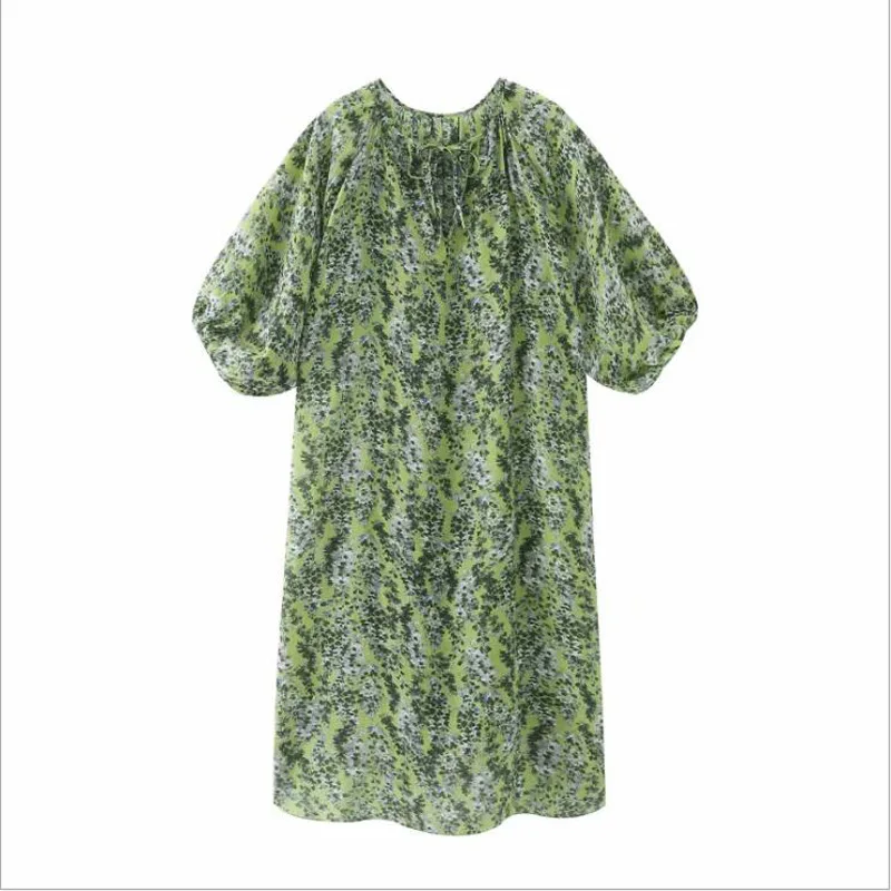 

WEPBEL Bohemian Dress Women's Loose Print Short Puff Sleeve Beach Vacation Floral Dress Summer Casual O-Neck Tied Dress