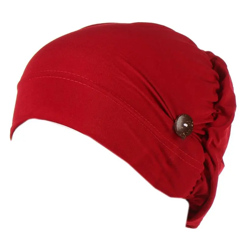 

Women Muslim Turban Cap with Button Mask Holder Solid Color Cancer Chemo Hat