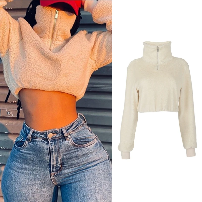Женская флисовая водолазка на молнии однотонный теплый пуловер короткий топ