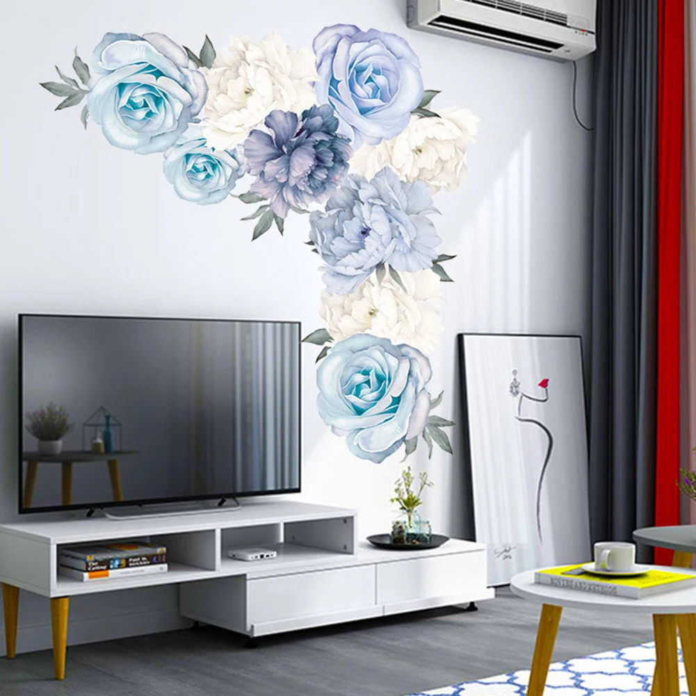 Light blue peony flower combination wall sticker Background self-adhesive Home decoration stickers | Дом и сад