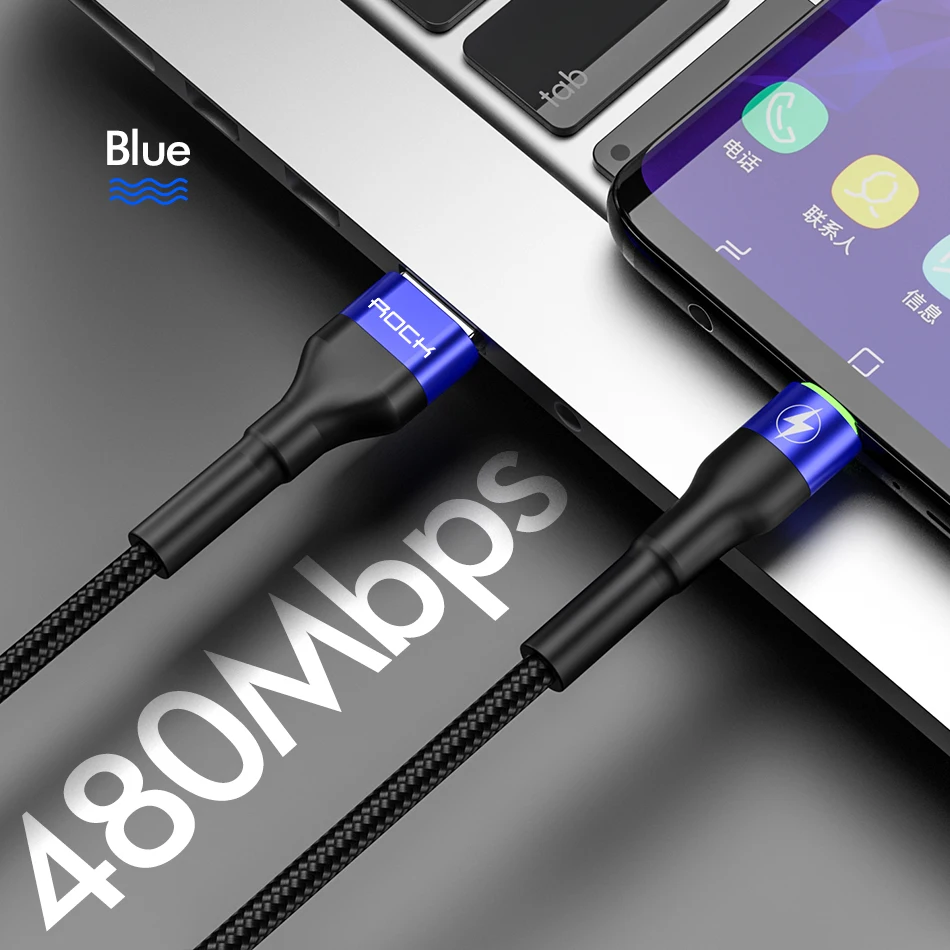 Blue With LED Light ROCK 5A Metal Led Light USB Type C Cable For Xiaomi Redmi Samsung OnePlus Huawei Mate 20 Pro Fast Charging Data USB C Quick 3.0 - Цвет: Blue With LED Light