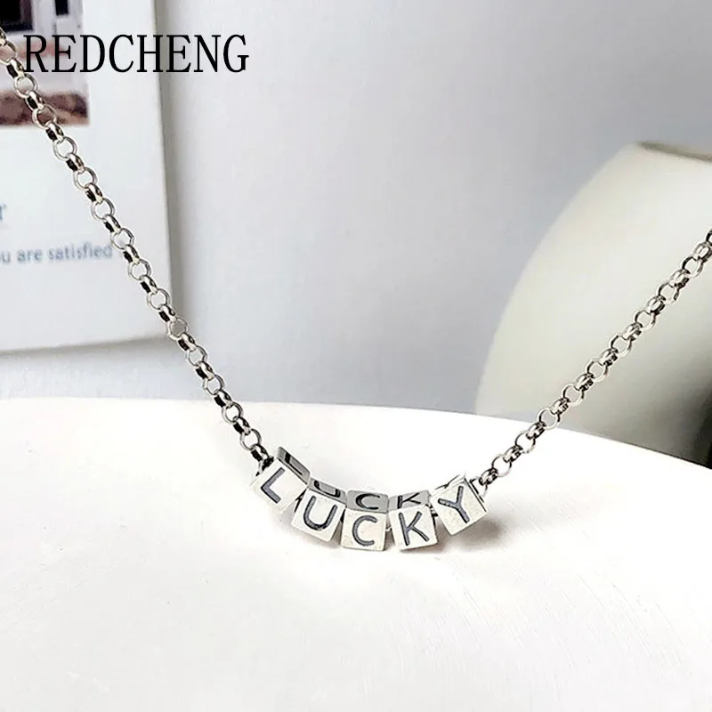 

REDCHENG 925 Stamp Lucky Necklaces for Women INS Fashion Temperament Letter Small Cubes Birthday Fine Jewelry Gifts