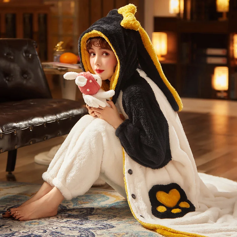 Winter Pyjamas Plus Size XXL Loose Version Plush Pajama set Intensification Nighty Women Sleepwear Medium Style Hooded Pajamas