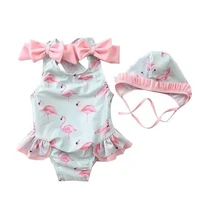 newest fashion newborn baby girl swimwear hats 2pcs cute flamingo print swimsuit swimming suit children kids one piece bikinis