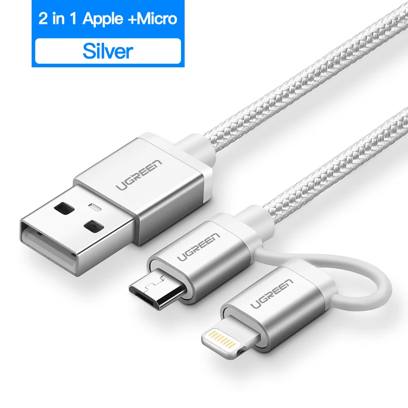 Nylon Silver Ugreen 2 в 1 USB кабель для iPhone Pro 11 Max X 8 7 Быстрая зарядка Lightning+ Micro USB кабель для samsung Xiaomi huawei USB шнур - Color: Nylon Silver