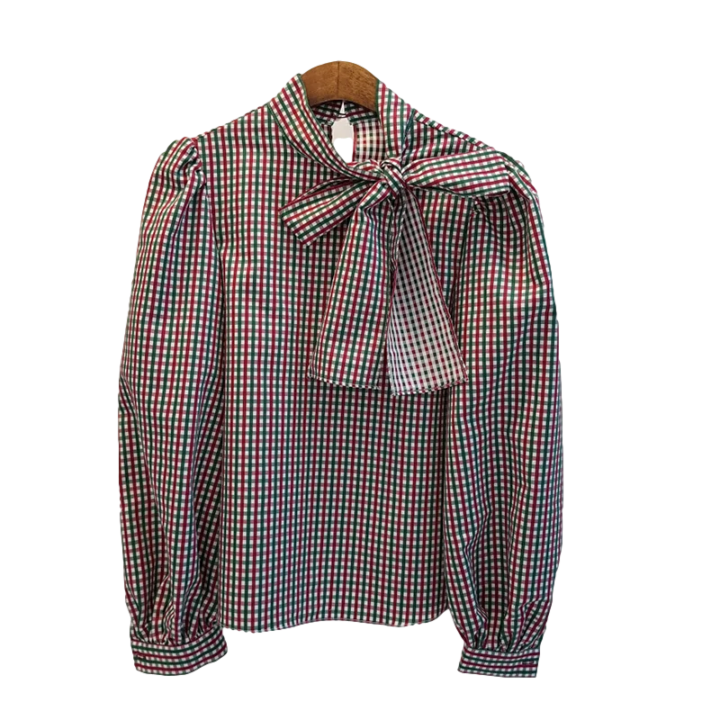 

Autumn New Women's Clothing New Elegant Bow Tie Tie Stand Collar Loose All-match Puff Sleeve Plaid Shirt Shirt Women UK744