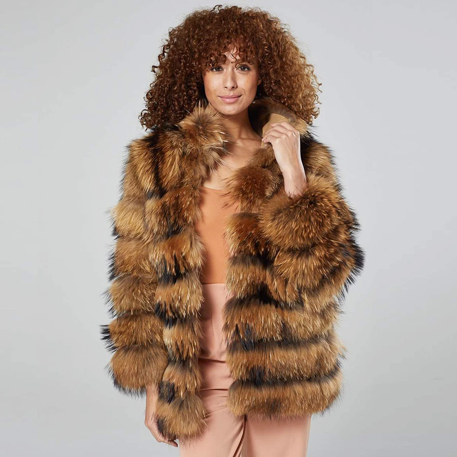 

CNEGOVIK Fur Coat Women Genuine Raccoon Fur Jacket 2021 Autumn Winter Warm Thick Trendy Overcoat