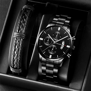 Mens Brand Watches Fashion Men Business Casual Stainless Steel Analog Quartz Wristwatch Male Black L