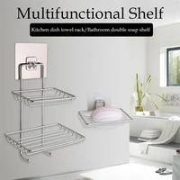 high quality stainless steel double tier soap dish holder with hook suction cup punch free bathroom soap towel shelf tools