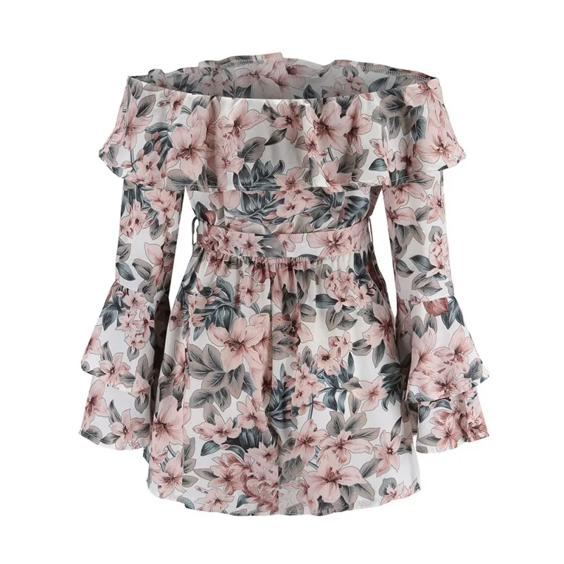 

Summer Women's One-word Neck Ruffle Floral Printed Long-sleeved Flared Sleeves Slim Belted Jumpsuit ShortsSuit