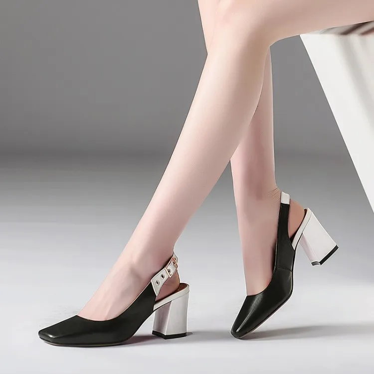 

Women's sandals hollow out shallow mouth buckle back hollow high heel thick heel square head color matching leather fashion