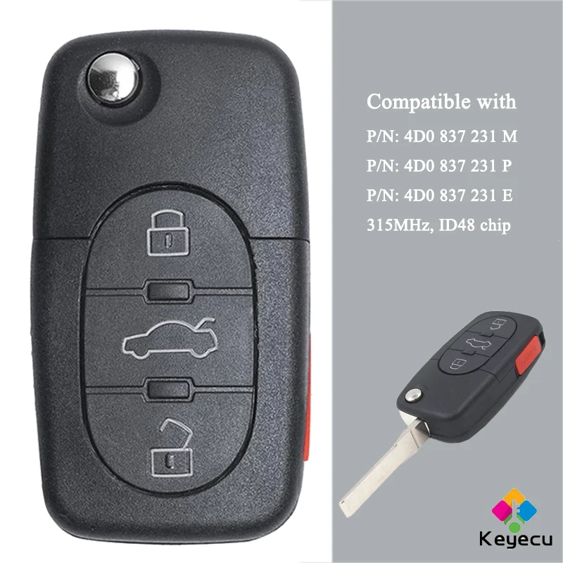 

KEYECU Flip Remote Control Car Key With 3+1 4 Buttons 315MHz ID48 Chip - FOB for Audi A4 S4 A6 A8 TT P/N: 4D0 837 231 P / E / M