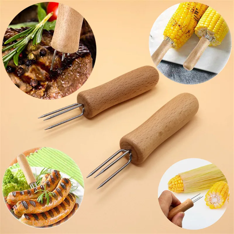 Держатели для кукурузы из нержавеющей стали захваты Cob с деревянной ручкой