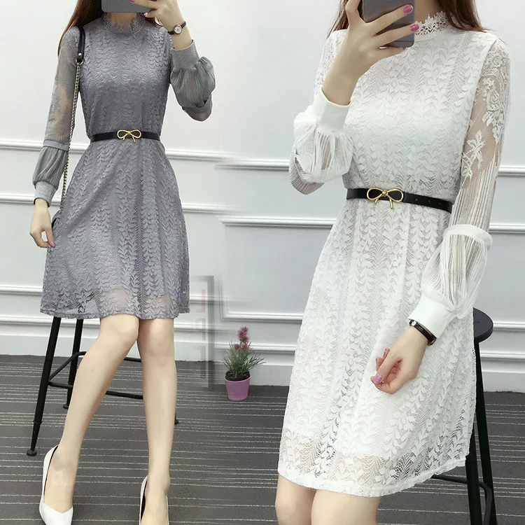 Hollow Out White Dress Sexy Women Mid Chiffon Criss Cross Lantern sleeve O-Neck Long Sleeve Crochet Lace Black BG66 | Женская одежда