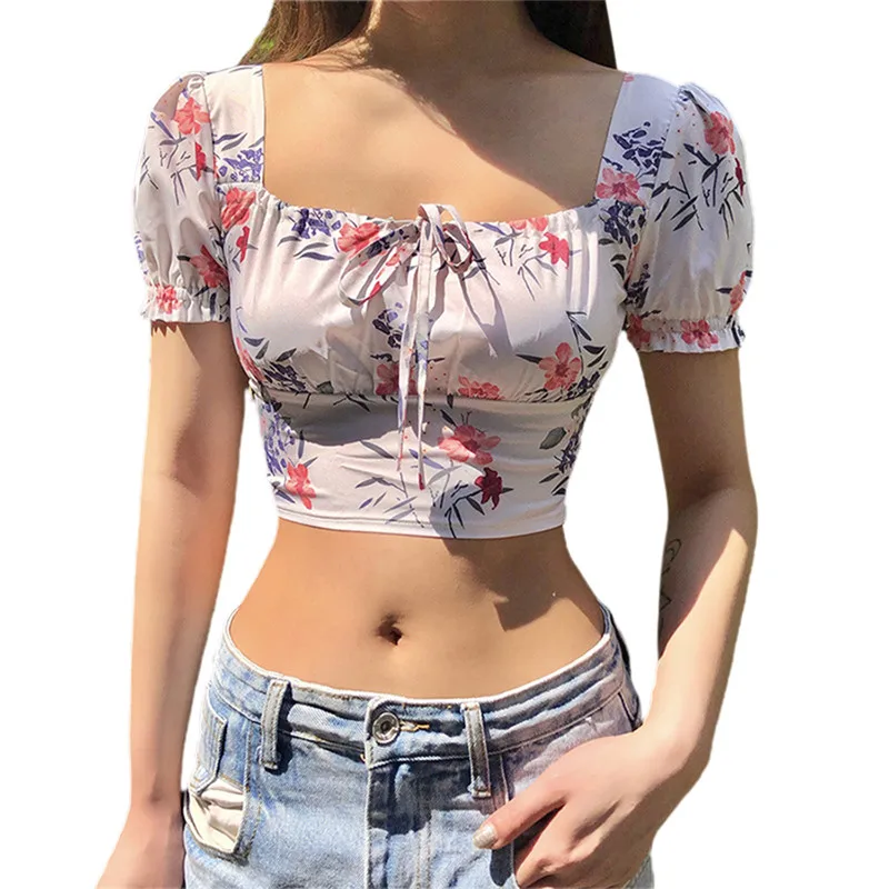 

Женский топ, новинка, небольшой яркий цветочный Рисунок росы, Женский необычный короткий топ с пышными рукавами и завязками