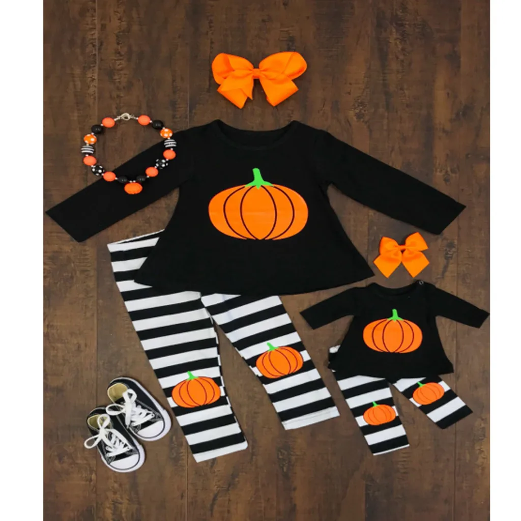 Топы с принтом тыквы на Хэллоуин для маленьких девочек + штаны в полоску теплые