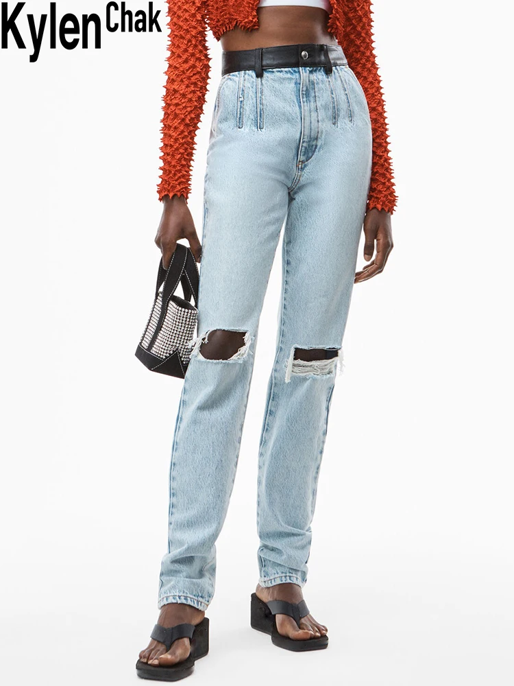 

Синие кожаные рваные джинсы с высокой талией, осень 2021, женская одежда, модные прямые состаренные брюки, уличная одежда